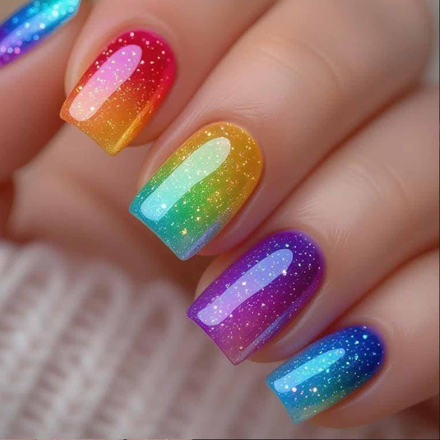 24Pcs Glitter Press on Nails Short Square Fake Nails colorful fake nails-13