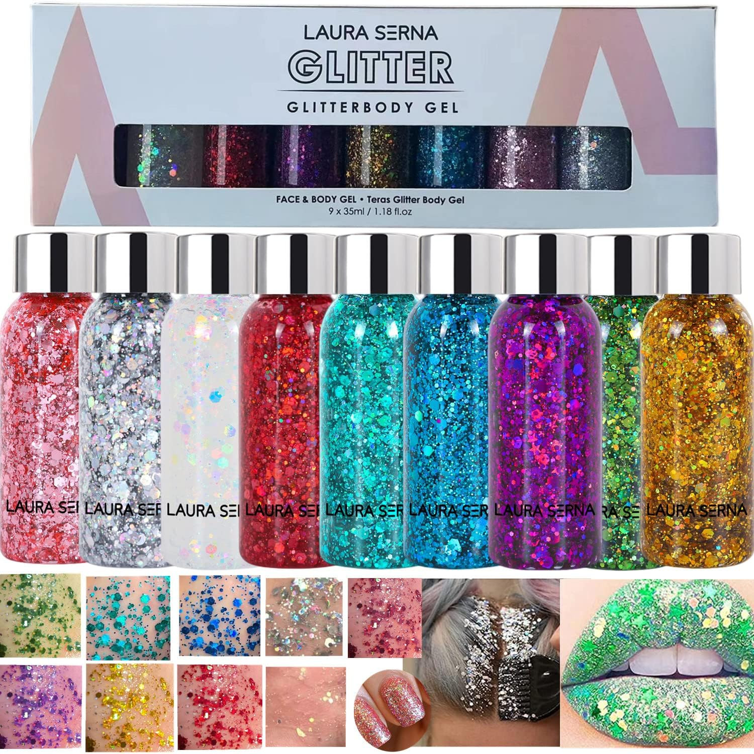 9 Pack Body Glitter Gel, Mermaid Sequin Chunky Glitter Face Hair Nail Lip Glitte