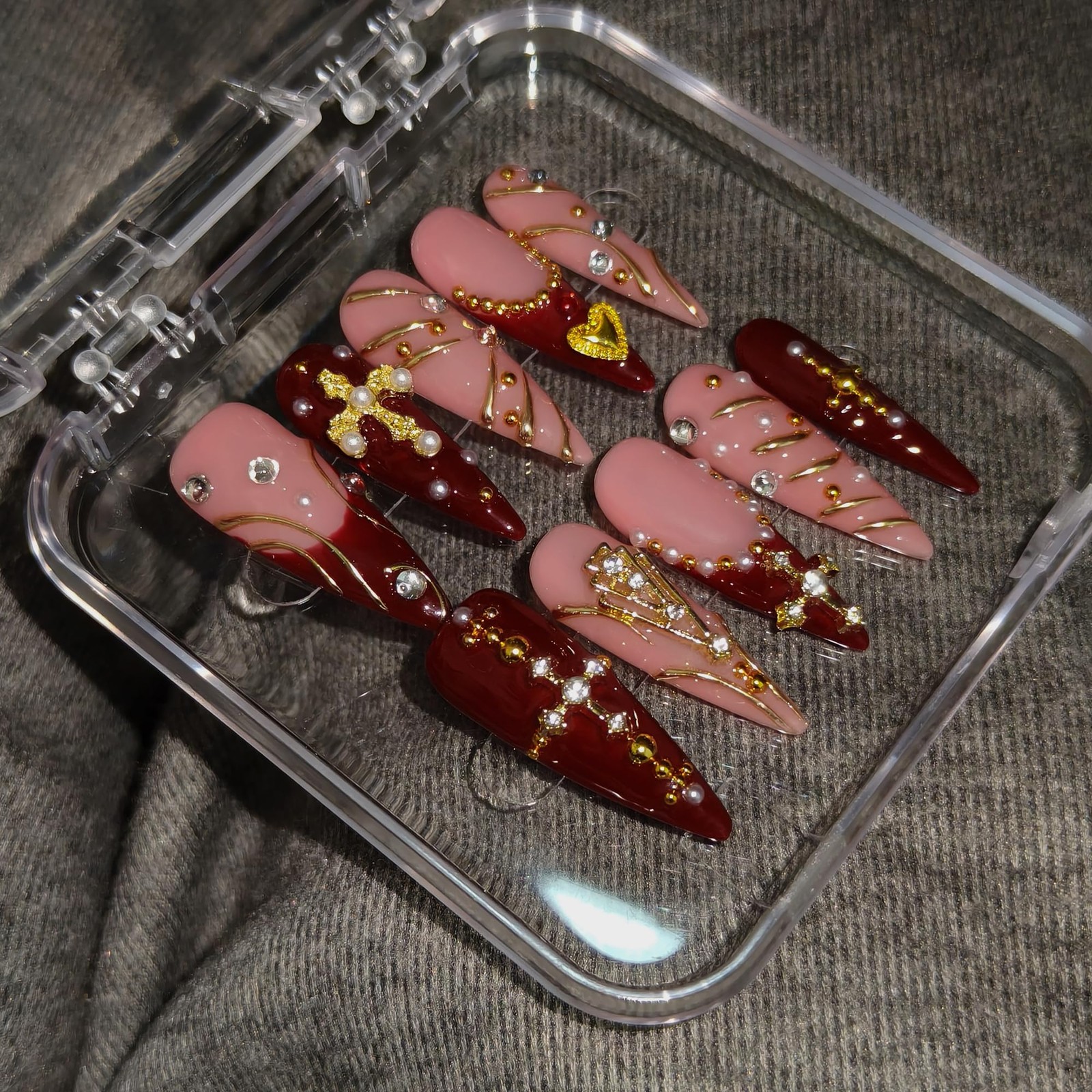 Long Stiletto Press on Nails Wine Red Cross Wave 3D(S)