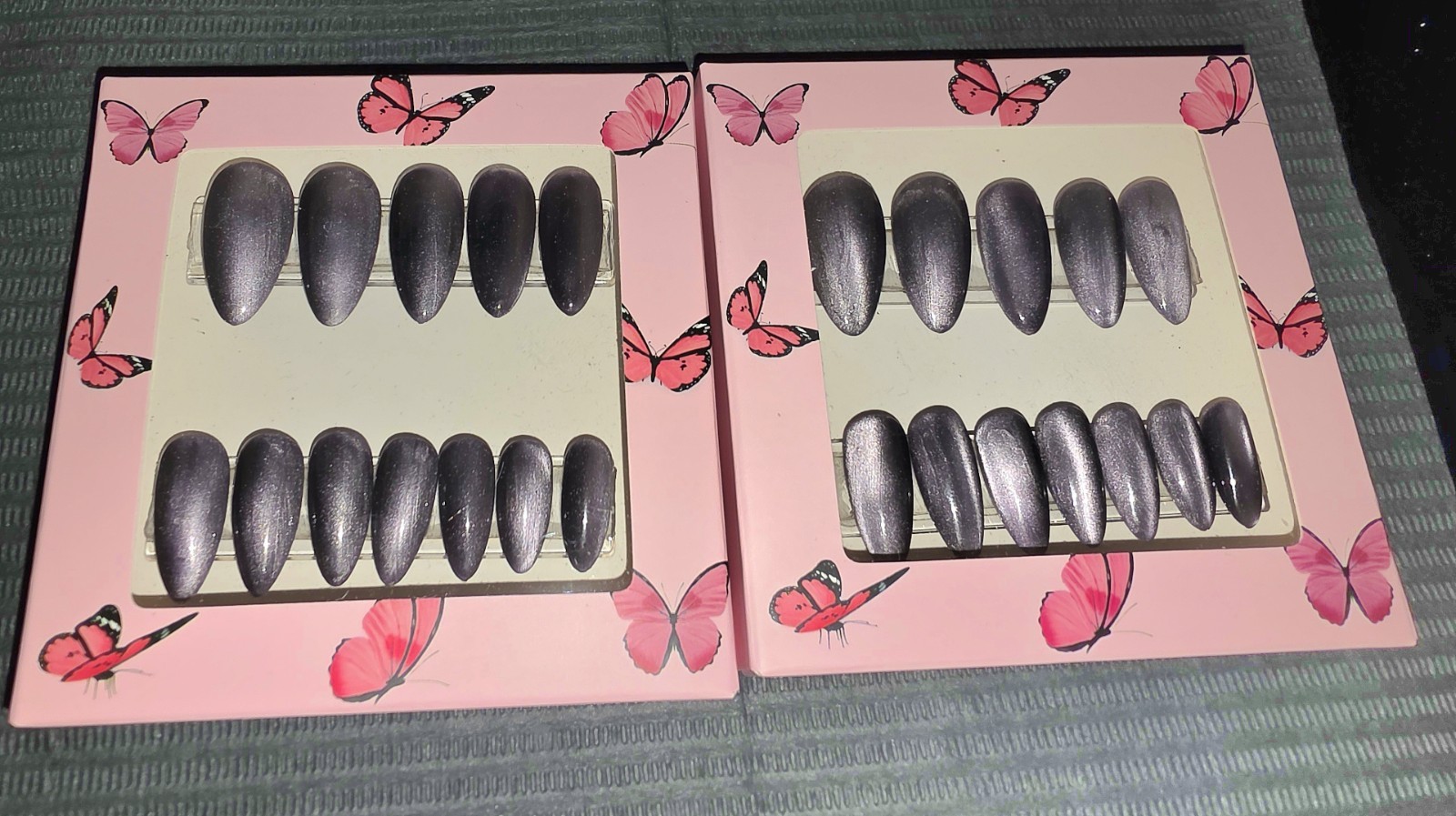 New Reusable Handmade Black Silver Cat Eye Press On Nails – Medium Almond 24pcs