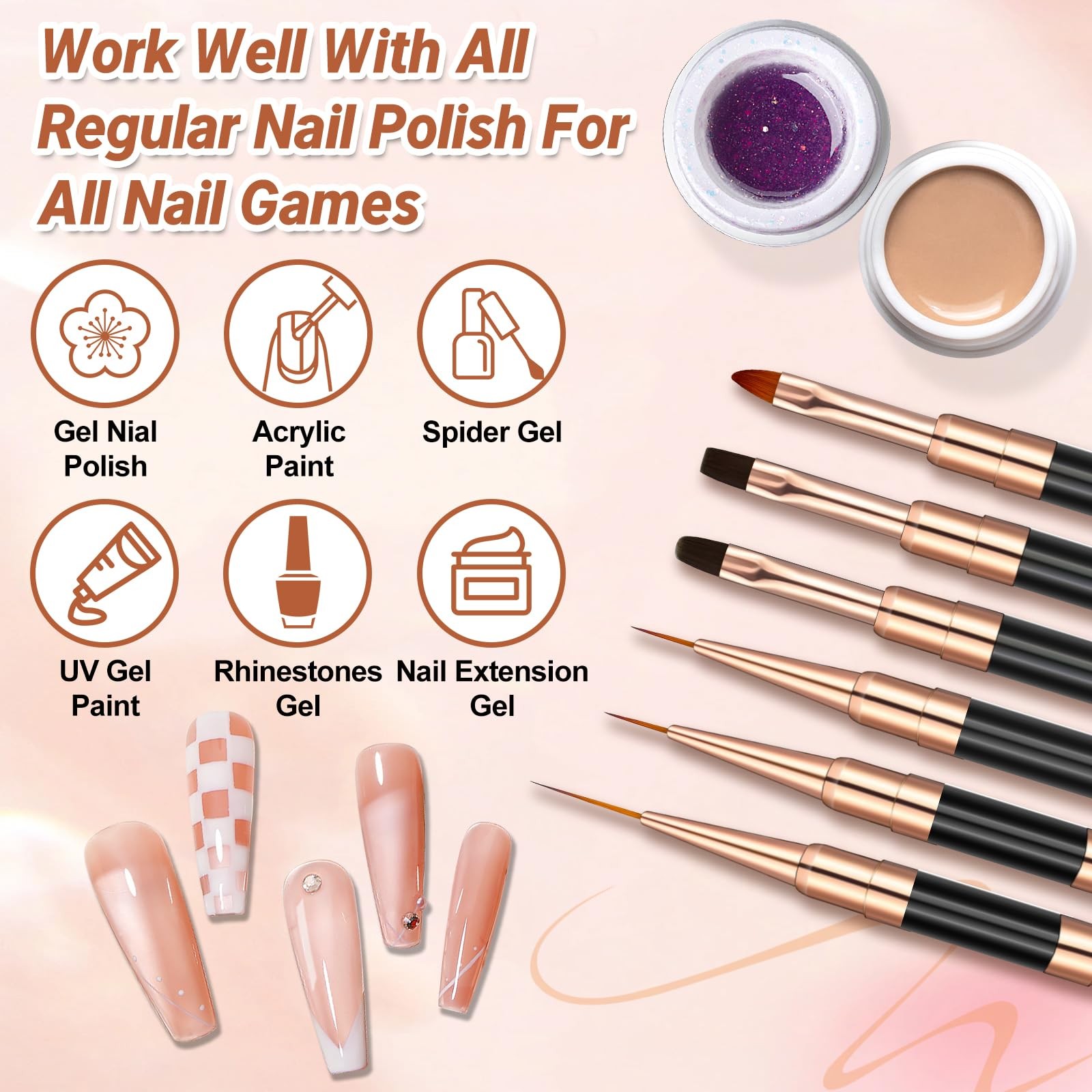 Double-Ended Acrylic Nail Art Liner Brushes, 6Pcs Gel Polish Black