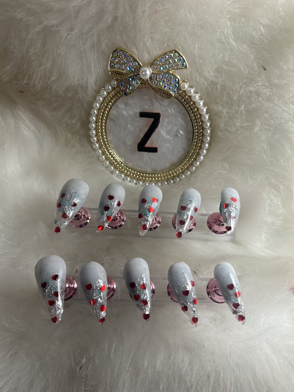 Z NAILZ! Handmade L Stiletto Set of Clear W/White Cuticle. Red Hearts Press Ons