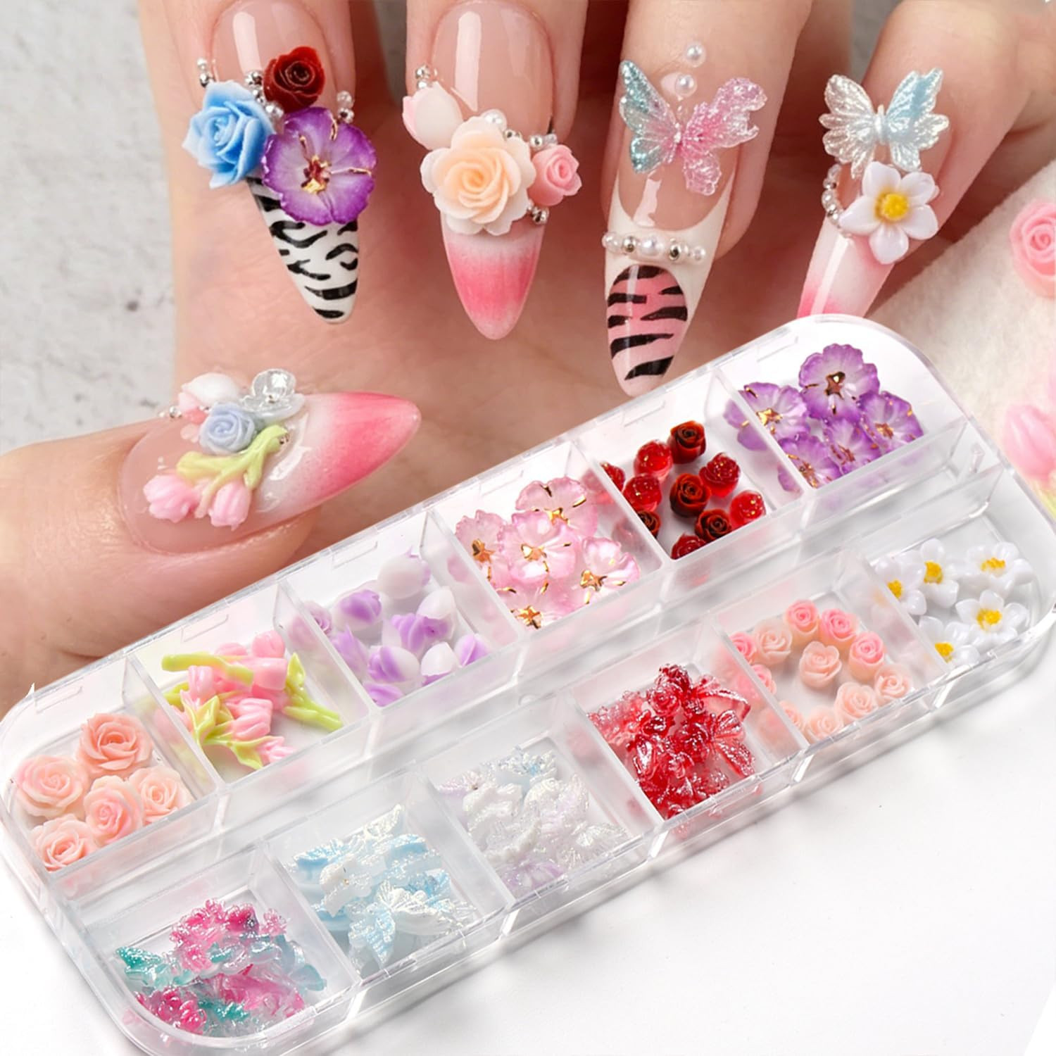 12 Grids Flowers Nail Charms Rose Tulip Floral Butterfly Designs | 3D Resin Mult