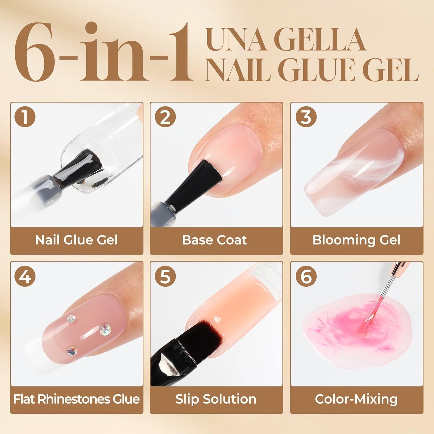 Brush-On 6-in-1 Gel Nail Glue, Clear, 10ml – Long-Lasting UV-Cured Adhesive f…