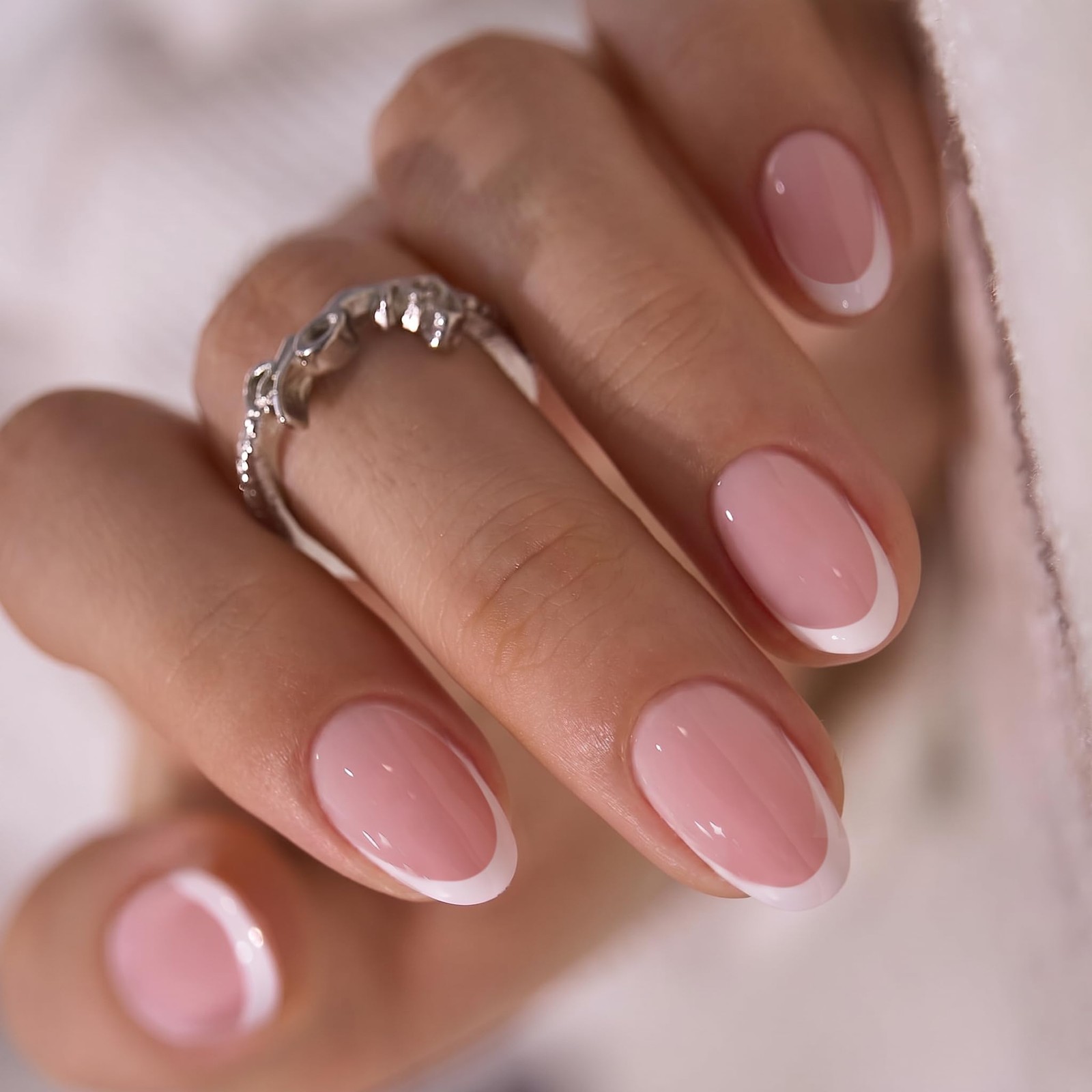 CurvLife Short Oval French Tip Press On Nails, Velvet Flow, Soft