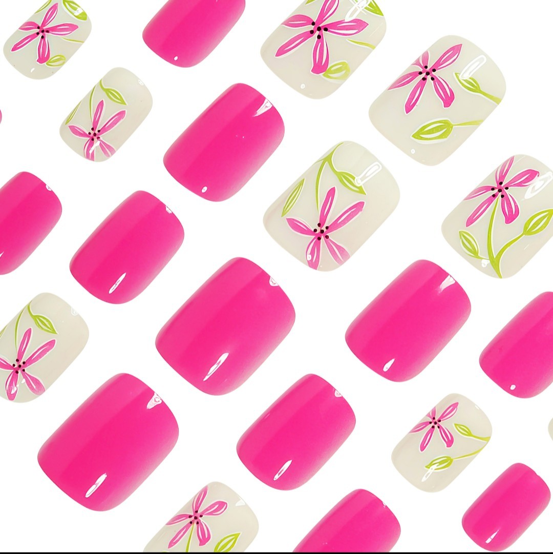 “Short Square Press On Nails Pink Floral Set Fake Nails Summer Full Cover
