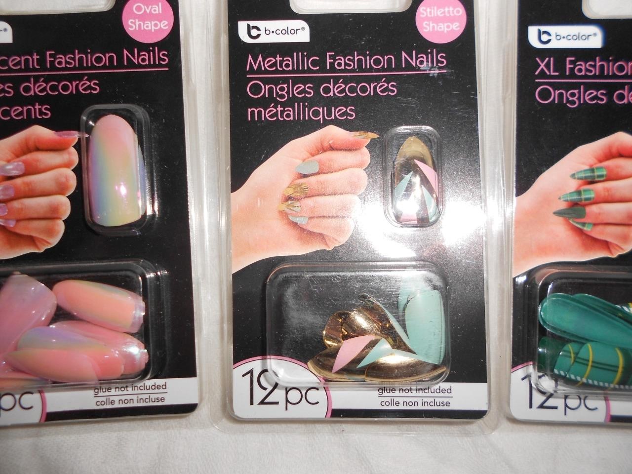 Lot 3 12pk B-Color XL Green Plaid, Iridescent & Gold Pink &Teal Fashion Nail NEW