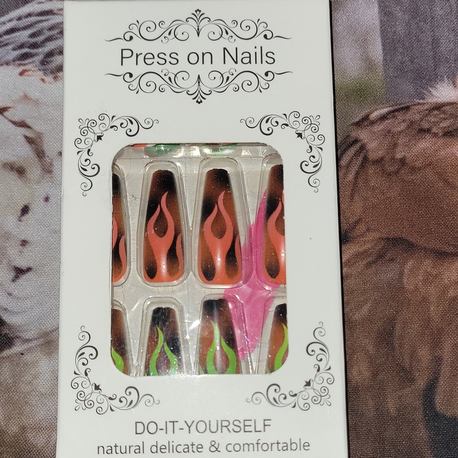 Pre-Designed Press-On Nails Long Coffin Glitter Orange Black Green White Flames