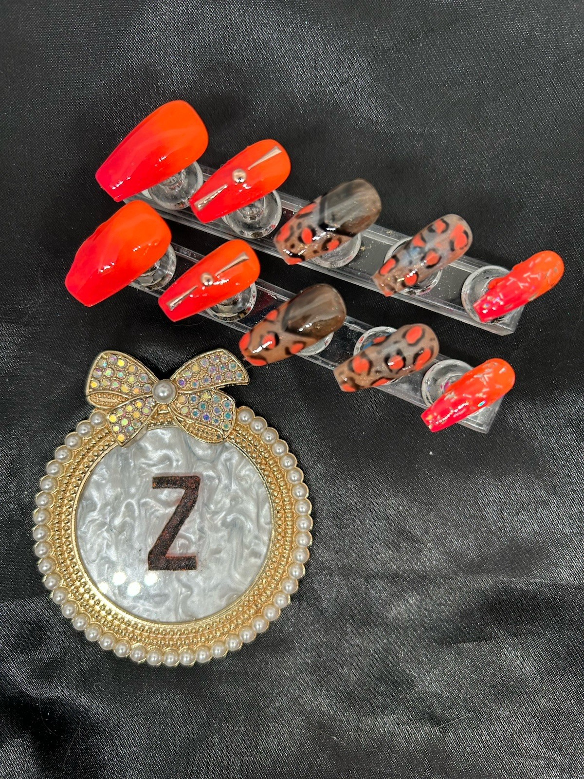 Z NAILZ! Handmade M Coffin Neon Orange With Animal Print Press On Nails