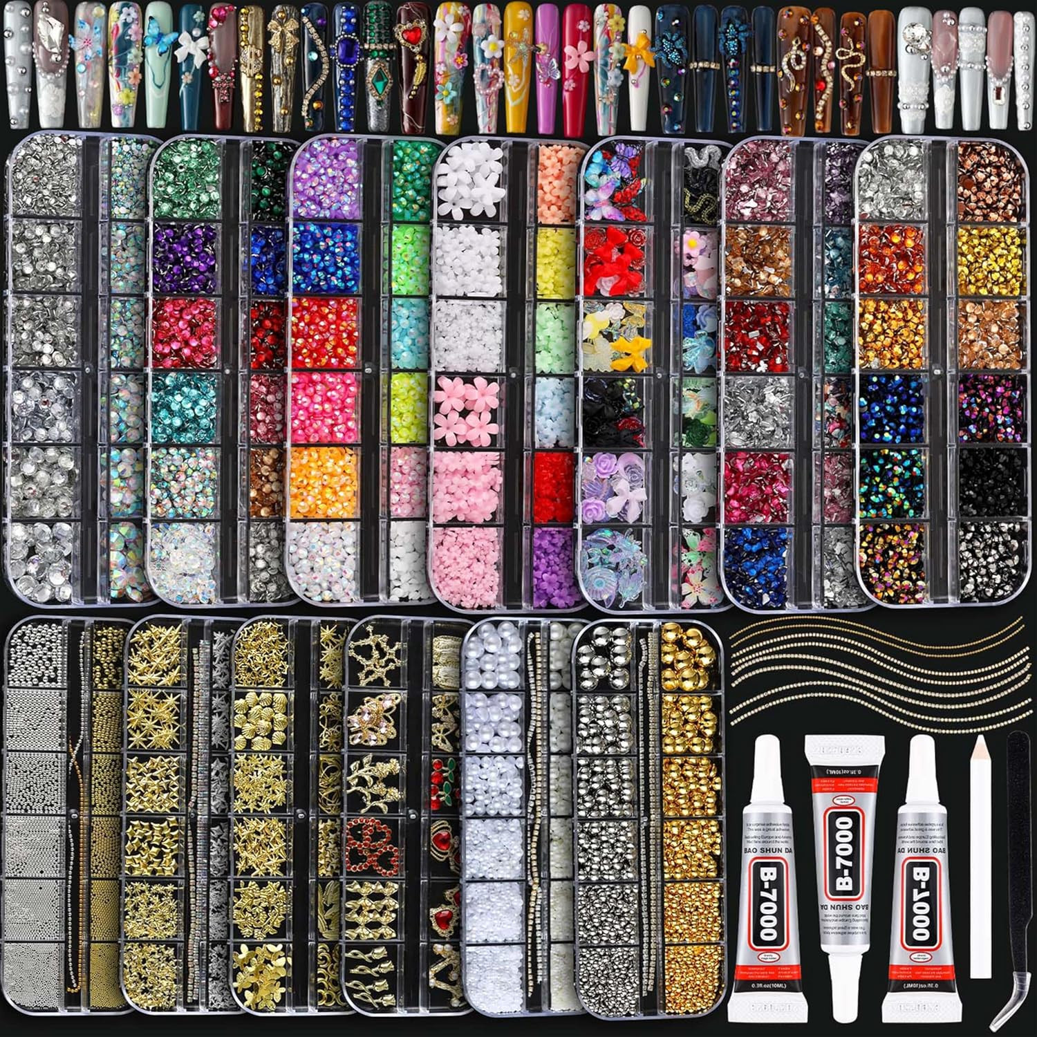 BANA Nail Charms for Rhinestones Kit with 13 Boxes of Nail Gems, 18000Pcs 3D Gol