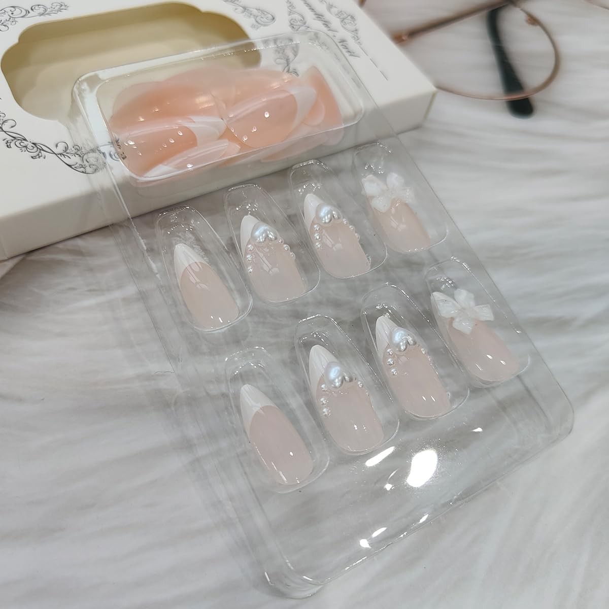French Tip Press on Nails Almond, French Fake Nails with 3D Bow Pearl Heart D…