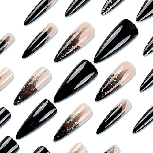 Long Stiletto Press on Nails Black French Tip Fake Nails Glitter Glue on
