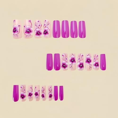 24Pcs Purple Press on Nails Medium Square QUNQINLI Coffin Fake Nails Design F1