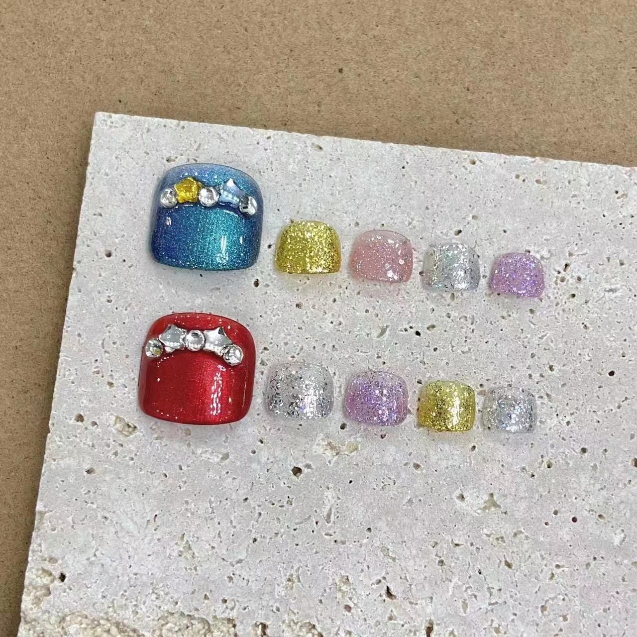 10Pcs Gradient Glitter Cat Eye toenails Press On Nails Summer Vacation Photo