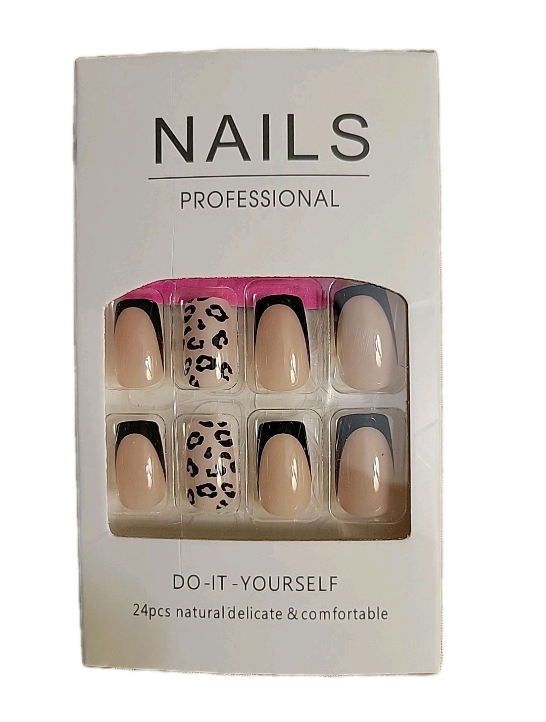 New 24 Pcs DIY Nails Natural With Black Tips, Blk Cheetah Print, Square Tip