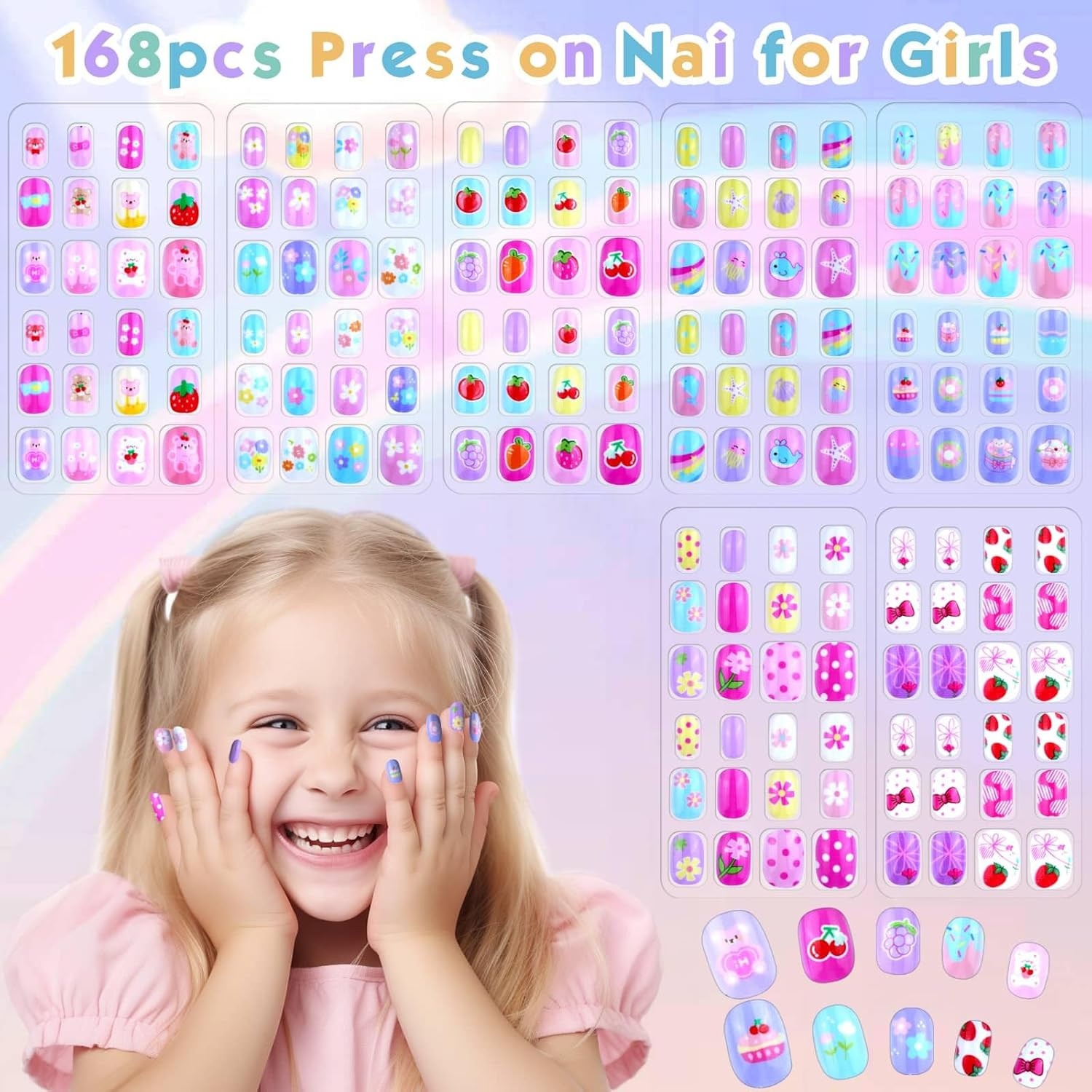 168Pcs Press on Nails for Kids Girls, Kids Fake Nails for Children Pre Glue Sti