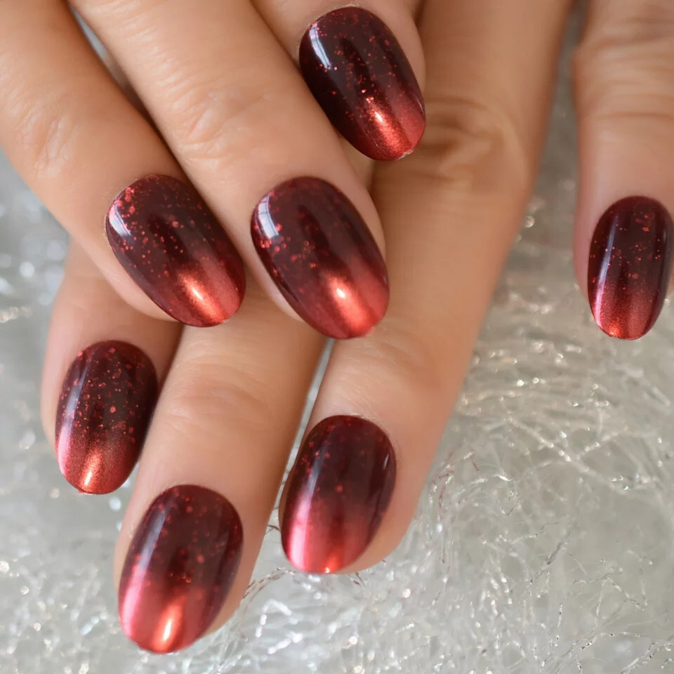24 Medium Press on Nails kit glue on red galaxy ombre dark glitter
