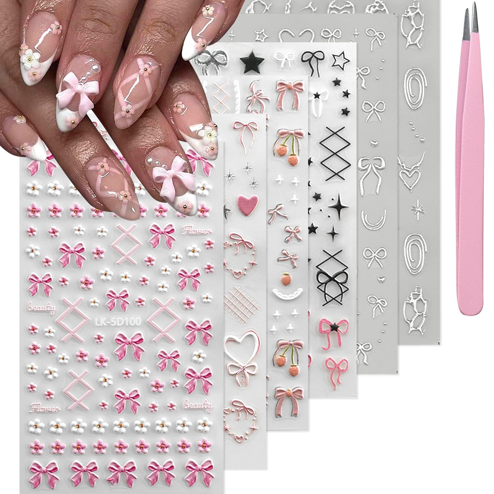Nail Art Stickers 5D 3D Bow Cherry Flower Self Adhesive Spring Summer Design