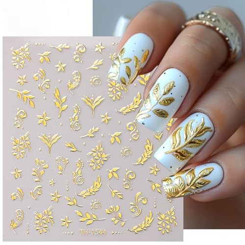 6 Sheets Gold Nail Art Stickers 3D Self -Adhesive Golden Gold Flower Leaves