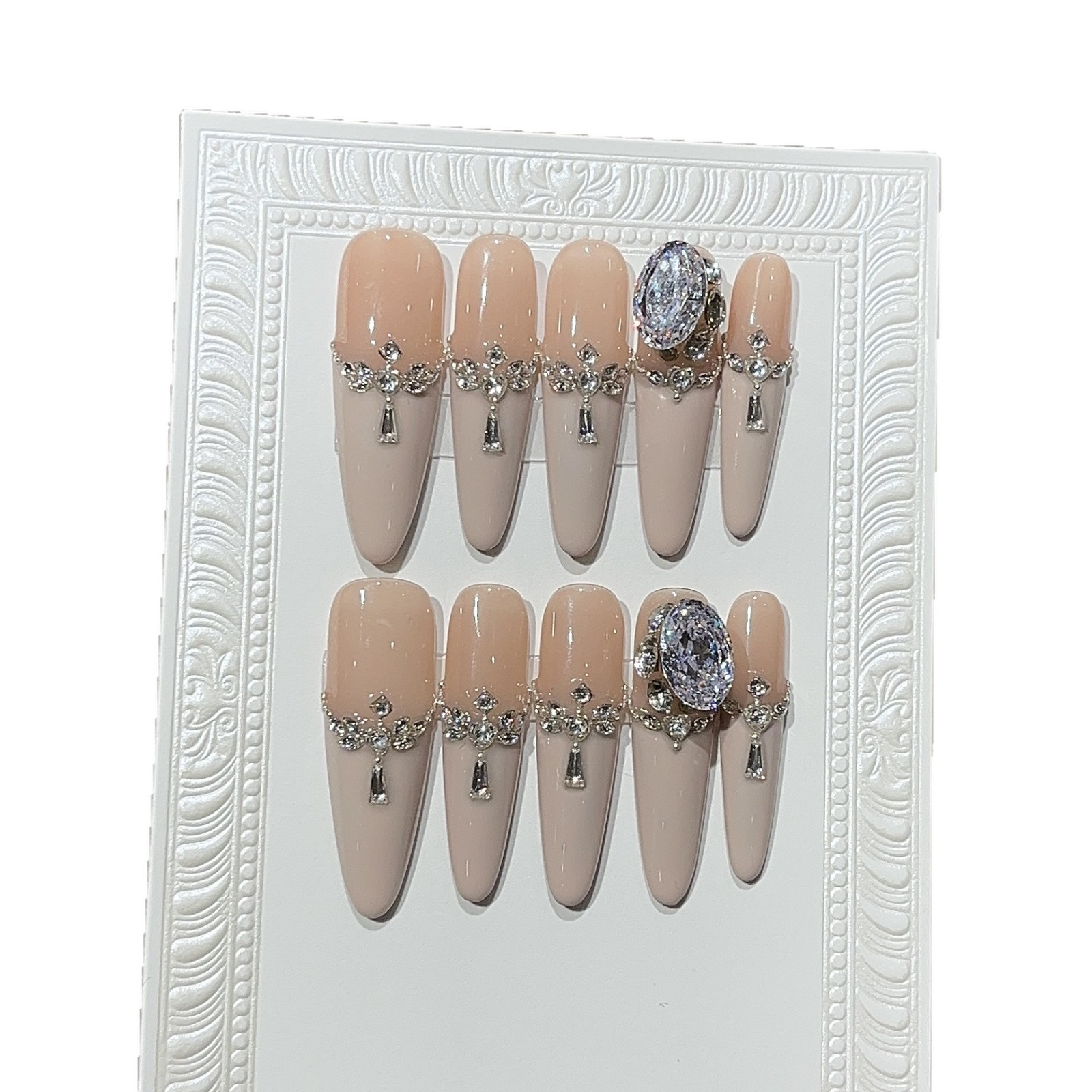 10Pcs Handmade Nude Pink Long Pointed Press On Nails With Shiny Zircon