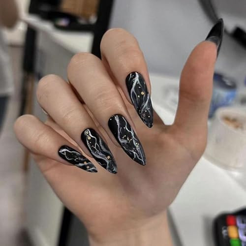 Marble Black Press on Nails Almond Medium Long Glue on Nails Acrylic Fake