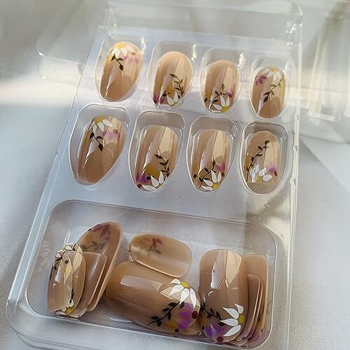 Flower Press on Nails Oval Shapes, Full Cover Acrylic Oval Short Flower W164