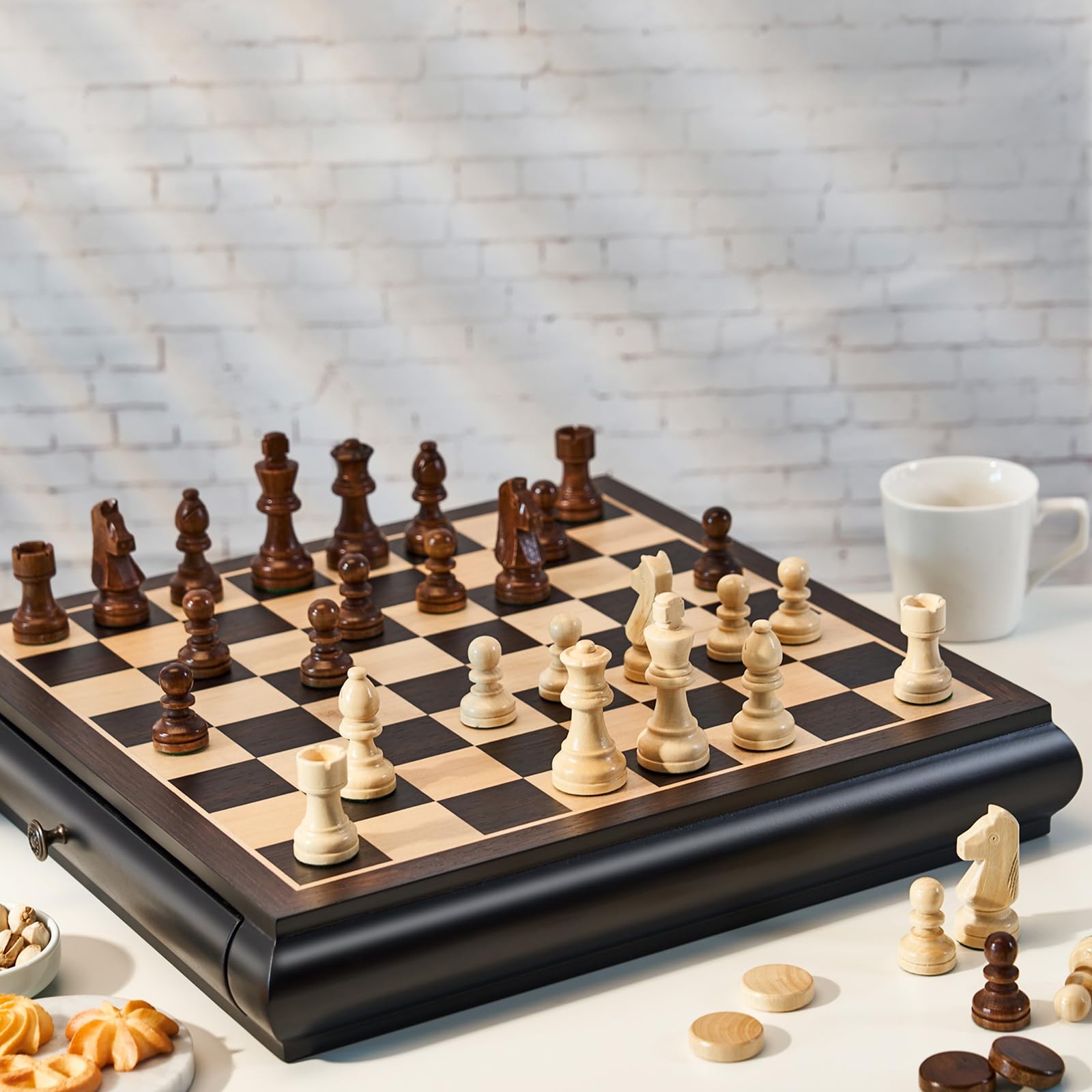 VAMSLOVE Wooden Chess Checkers Game Set 15.5″ L x W x 2.5″ H, Black