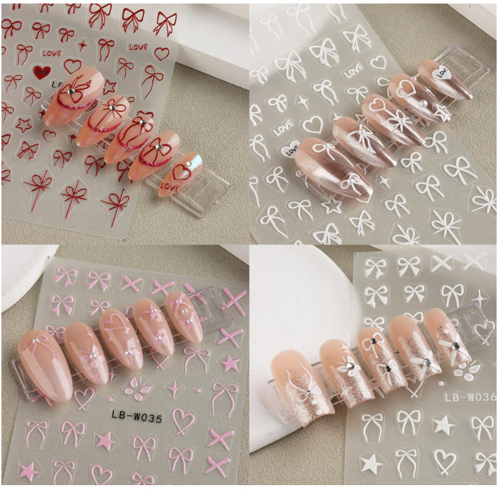 4Sheets Heart Bows Nail Art Stickers 3D Self-Adhesive Decals Bow Tie French NH28