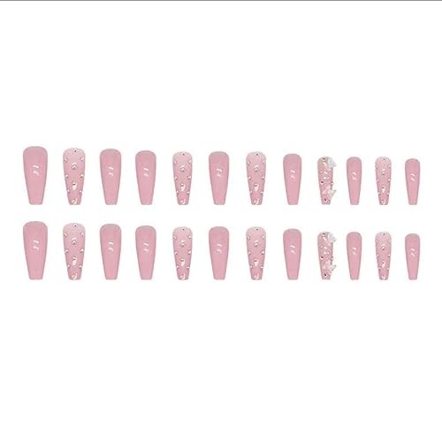 Coffin Press on Nails Long, Pink Fake Nails Acrylic Crystal False Nails 9