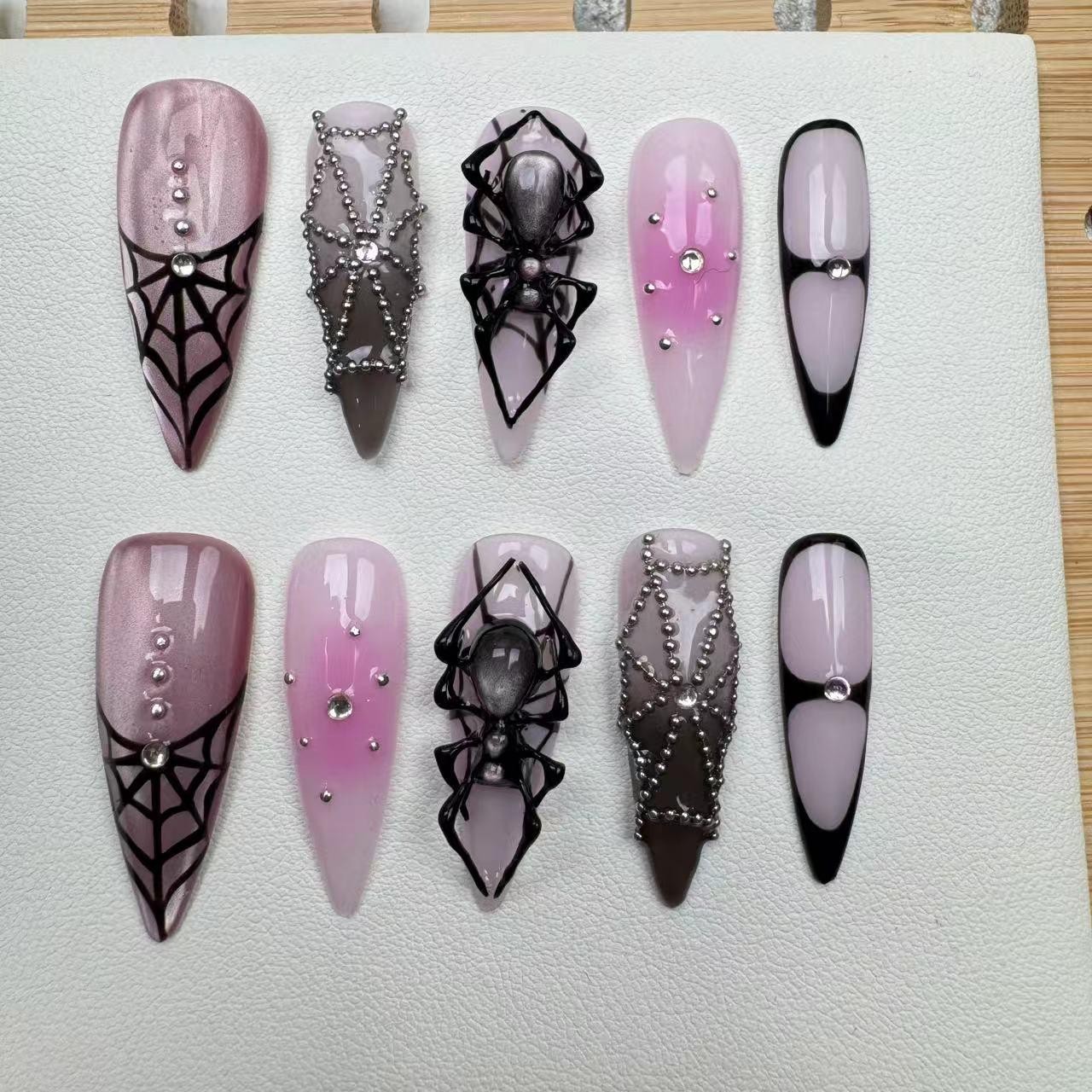Custom Handmade Halloween Spider Web Silver Bead Cat Eye Stiletto Press on Nails