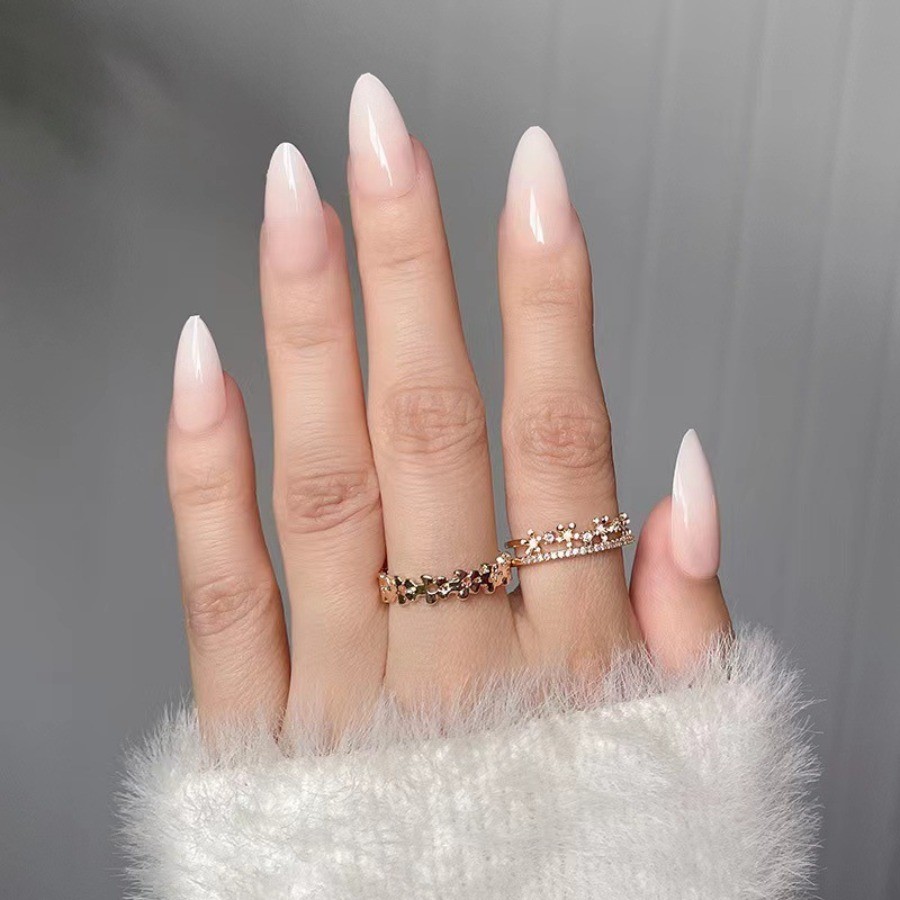 48pcs Almond Press on Nails, Nude Milky White Gradient Gloss Simple Nails