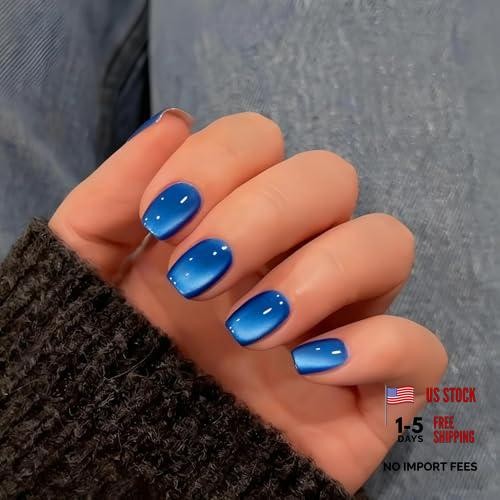 Royal Blue Cat Eye Press on Nails Short – 30 Pcs – 15 Sizes – Glass – Royal Blue