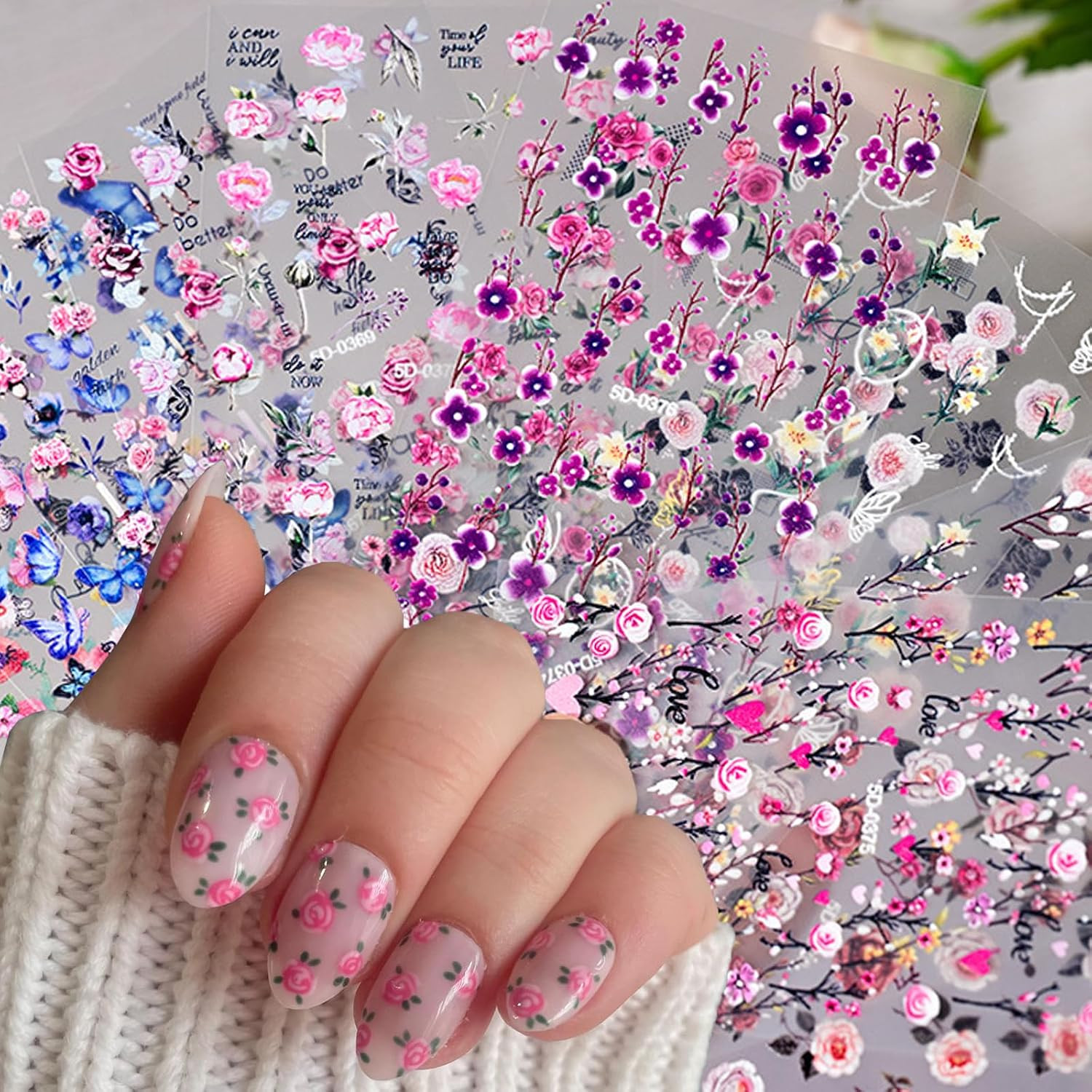 8 Sheets Summer Flower Nail Art Stickers Self-Adhesive Floral Nail Decals with R