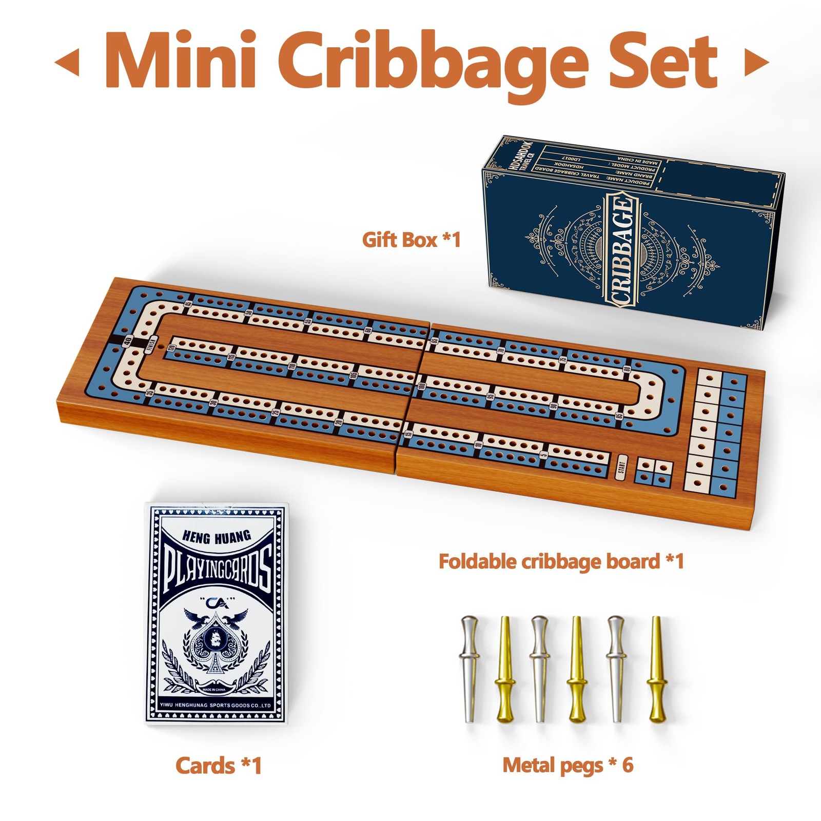 Small Size Travel Wooden Cribbage Board Game Set – 2-Track Small, Wood