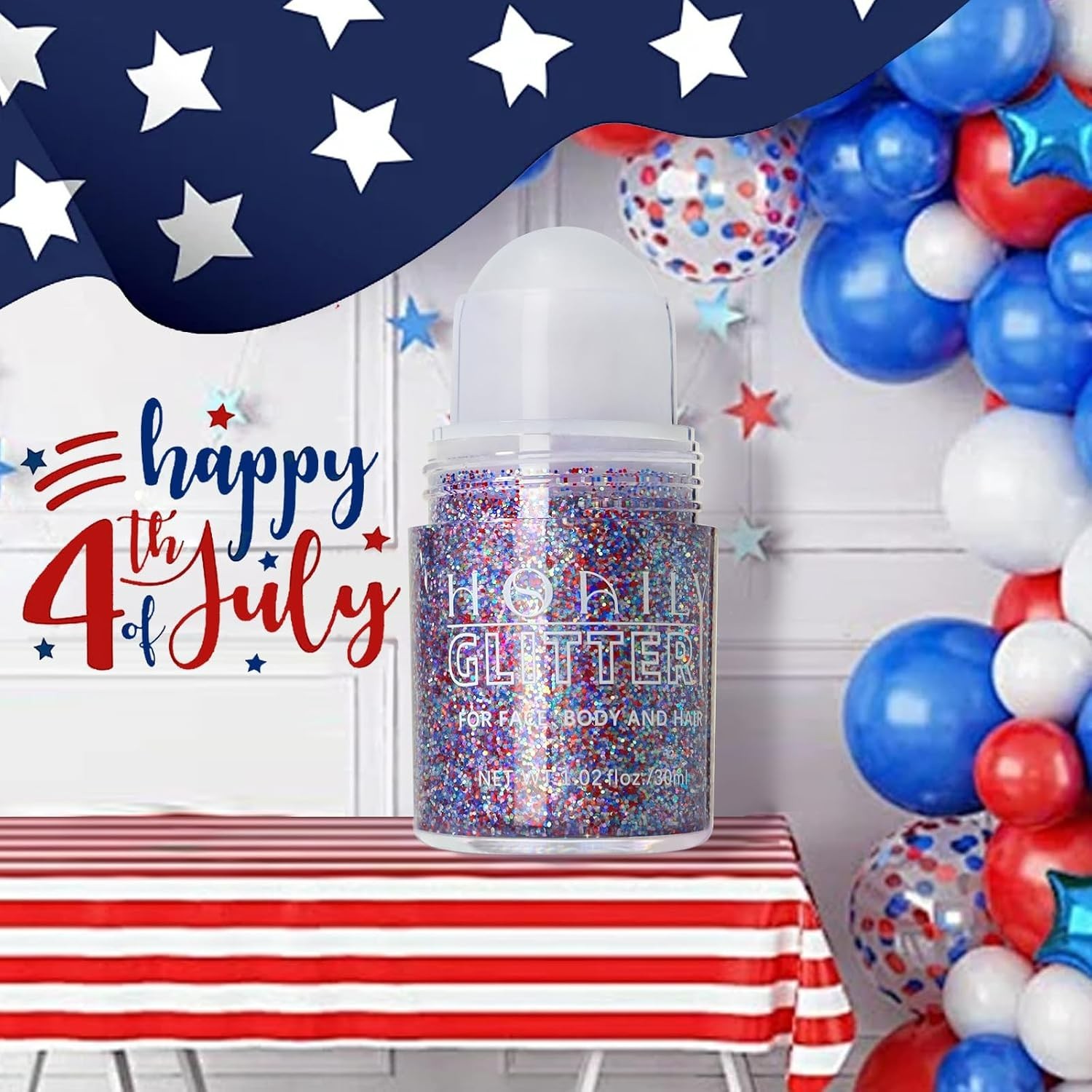 Patriotic Roll-On Body Glitter Gel – Red, White & Blue for Festive Makeup
