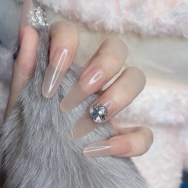 Tipora Press on Nails Pink Long Oval Shape with Round Rhinestones Design 128