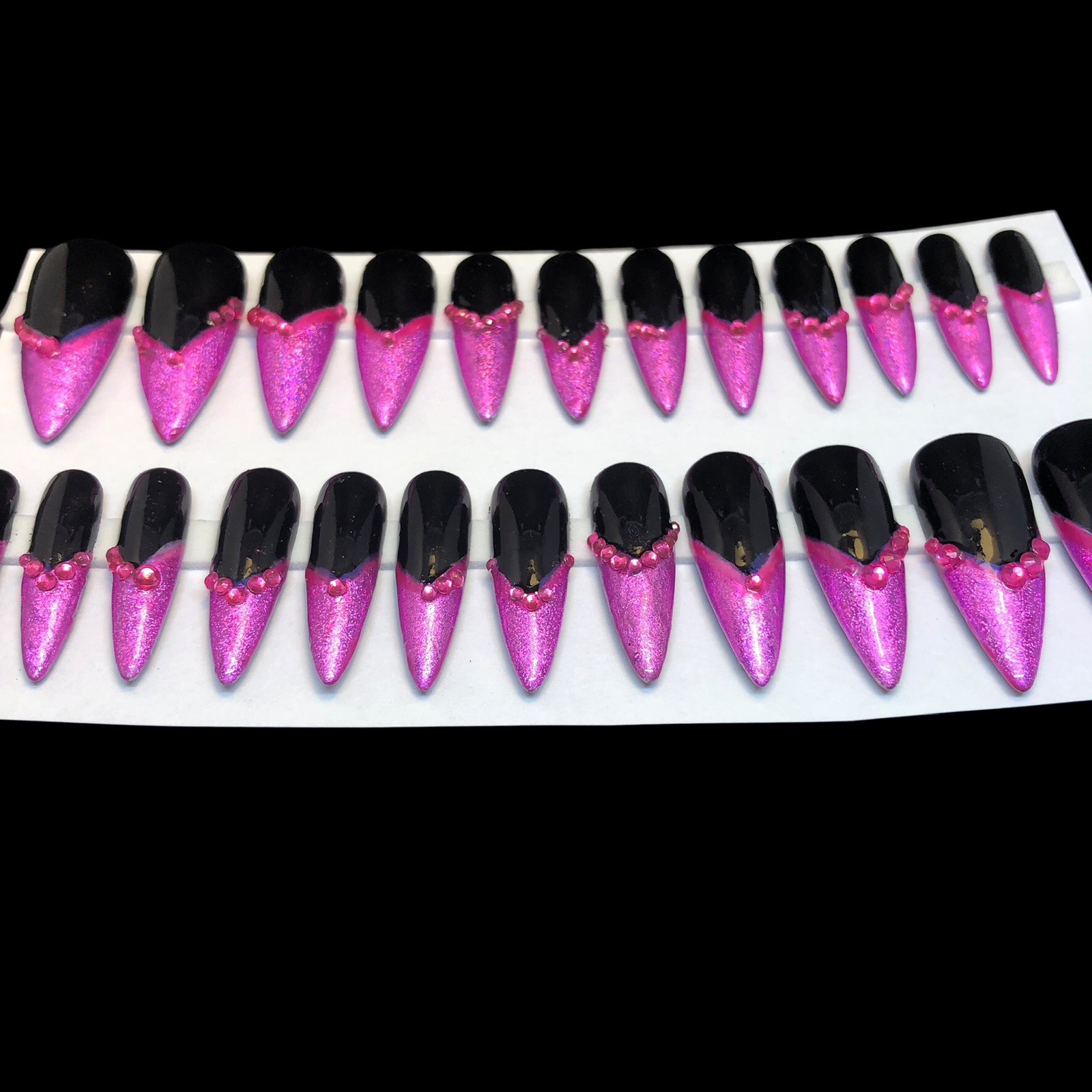 Custom Handmade Press On Nails Long Stiletto Black & Pink Hologram French Tips