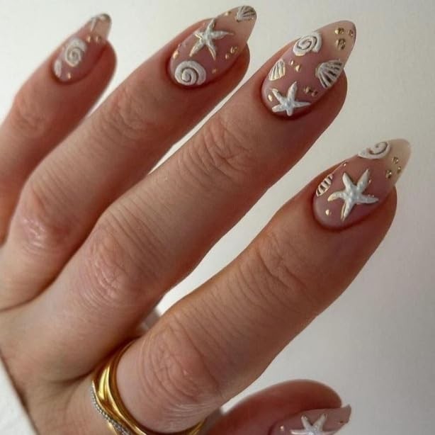 Summer Press on Nails Almond Beach Fake for 3D White Medium, Style 13