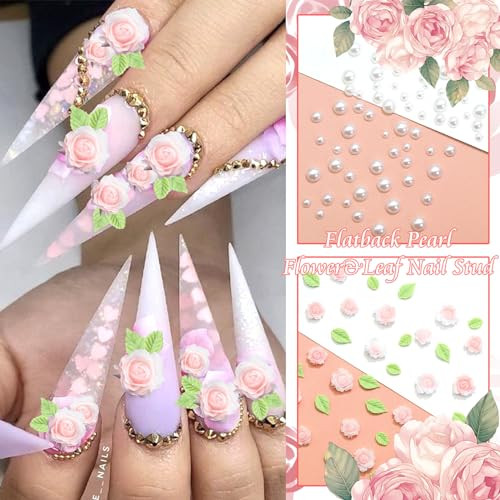 300PCS Flower Nail Charms Pink 3D Roses Flower Charms for Nail Design Green