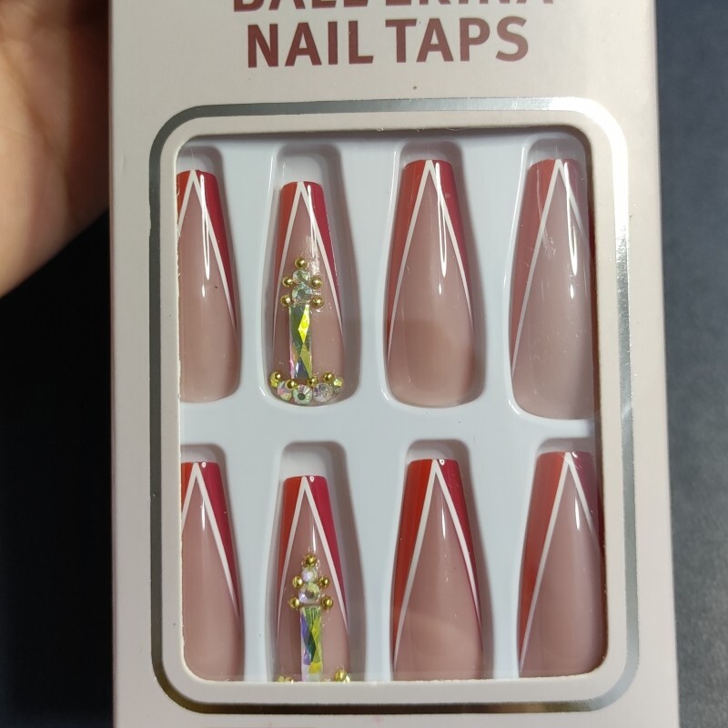 24pcs Red Classic French Press On Nails Jeweled Long Coffin False Nail Set