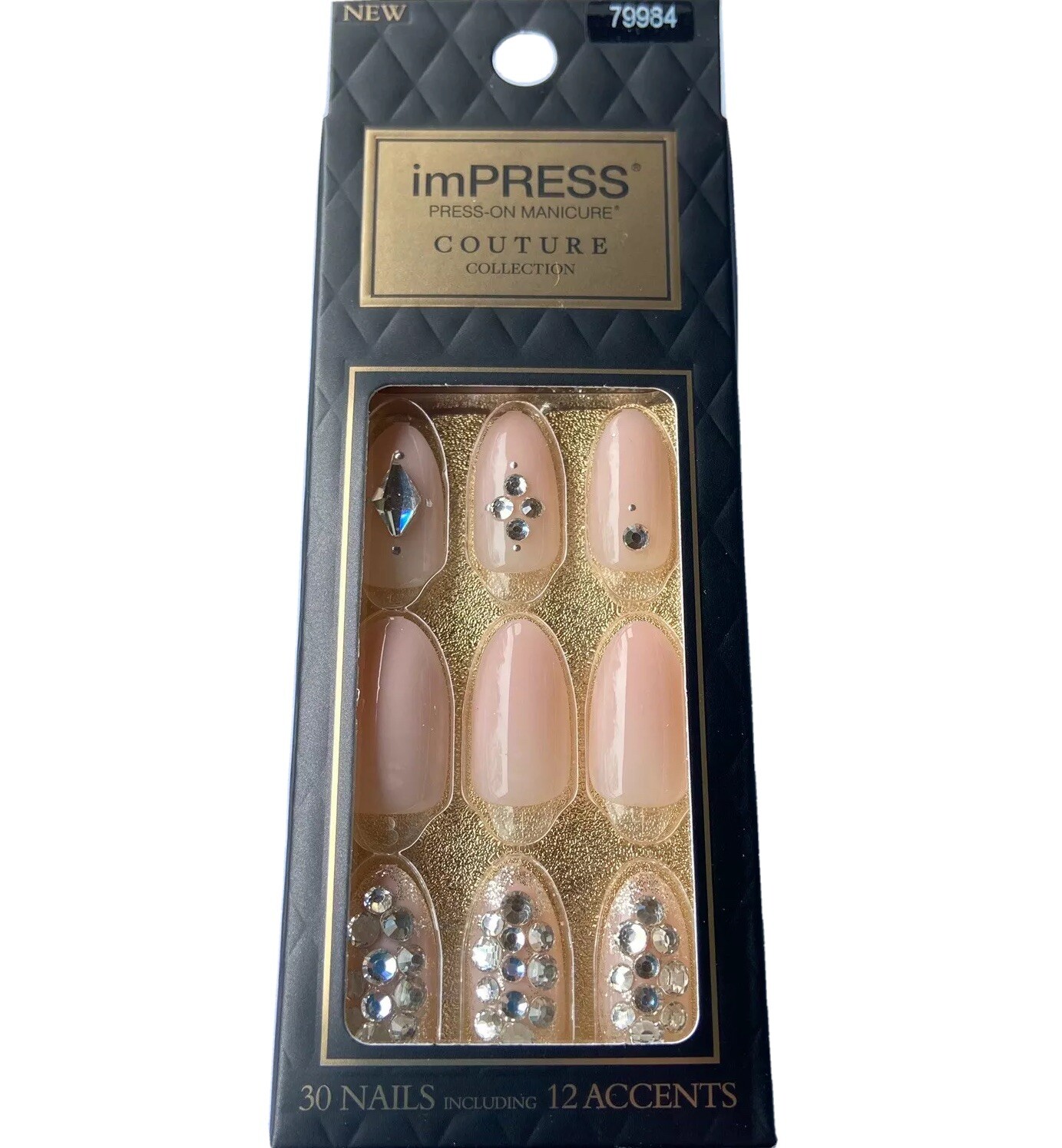 NEW Kiss Nails Impress Press On Manicure Almond Gel Pink Silver Gems Couture