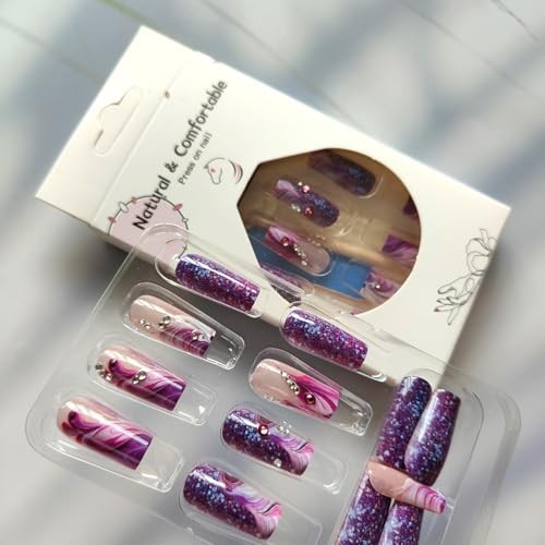 24Pcs Purple Press on Nails Medium Square Fake Nails with Rhinestone Style 4