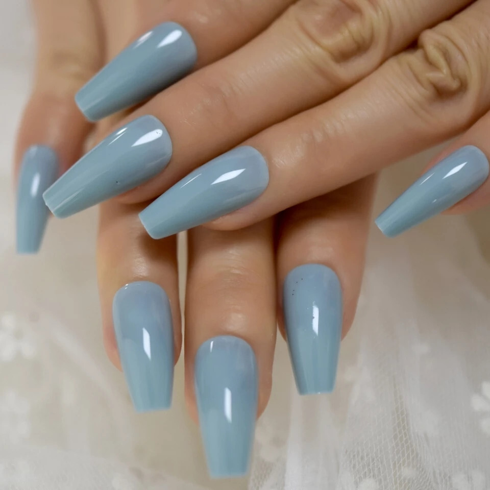 24 Press on nails kit w glue Long coffin glossy light blue denim