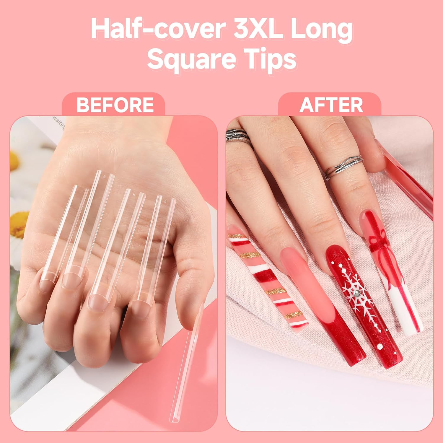 UNA GELLA 504PCS No C Curve Tapered Square Nail Tips, 3XL Extra Long Straight Cl