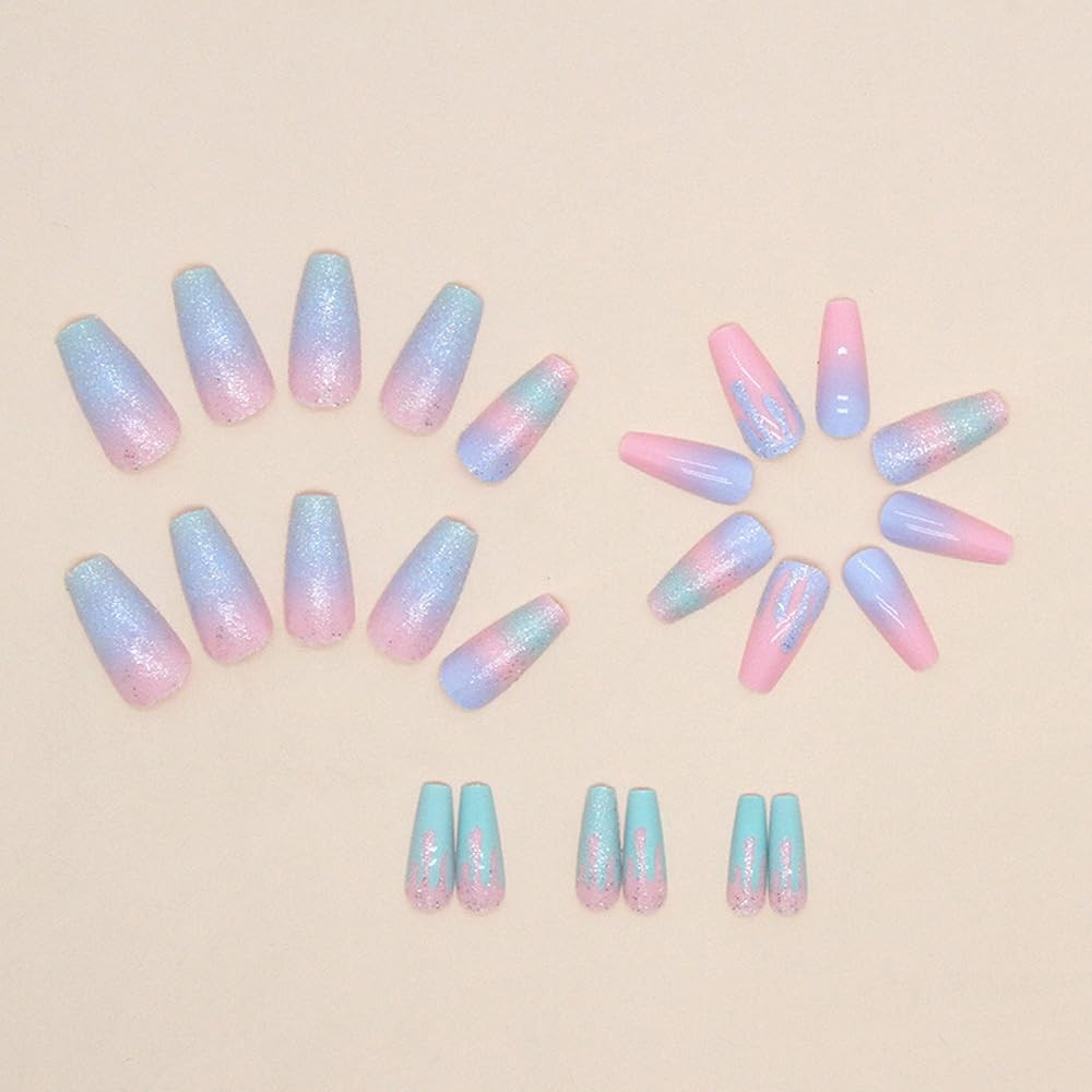 Medium Short Ombre Pink Fake Nails – Press On, Glitter, Gel on Acrylic False …