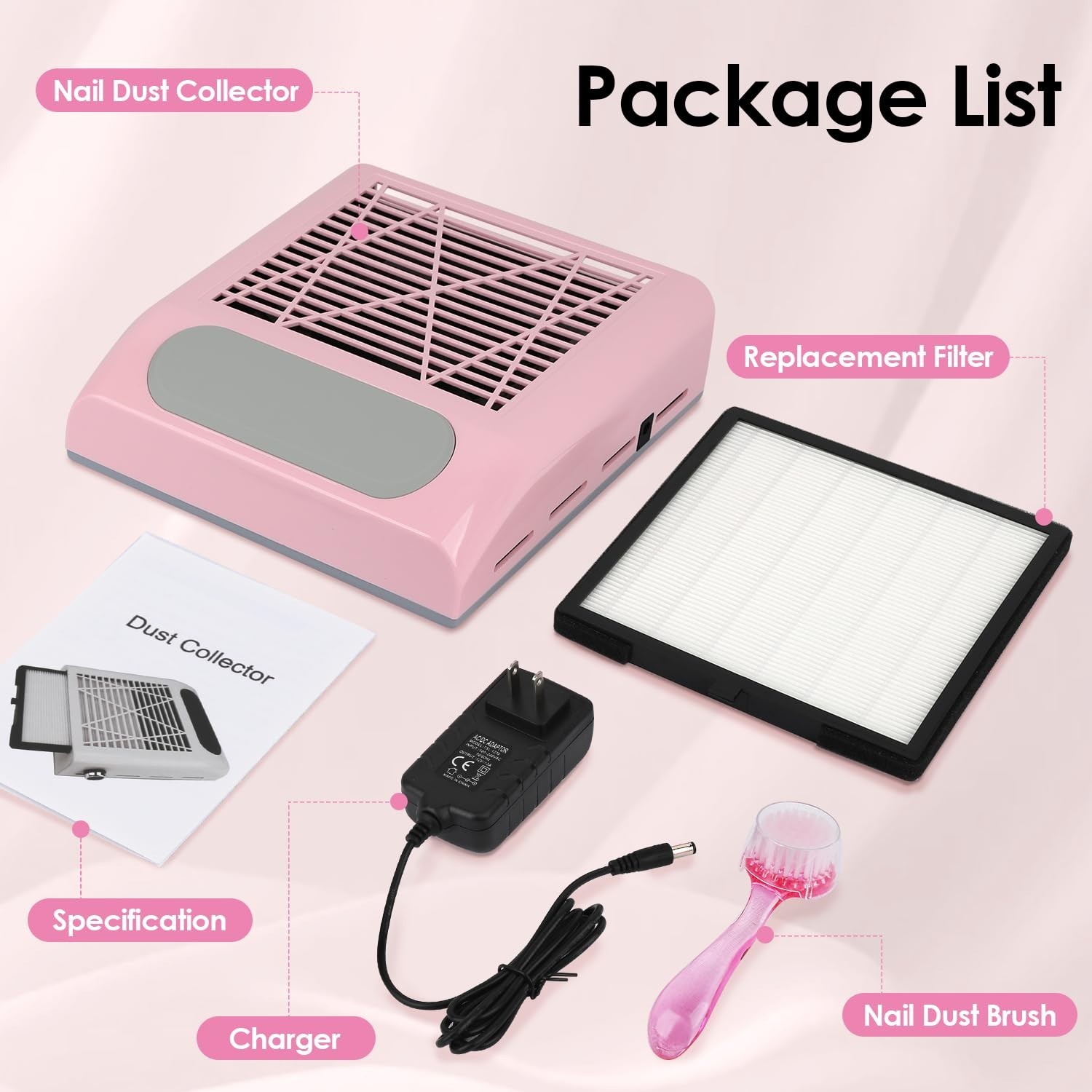 80W Pink Nail Dust Collector & Vacuum for Manicure – Powerful, Adjustable & P…