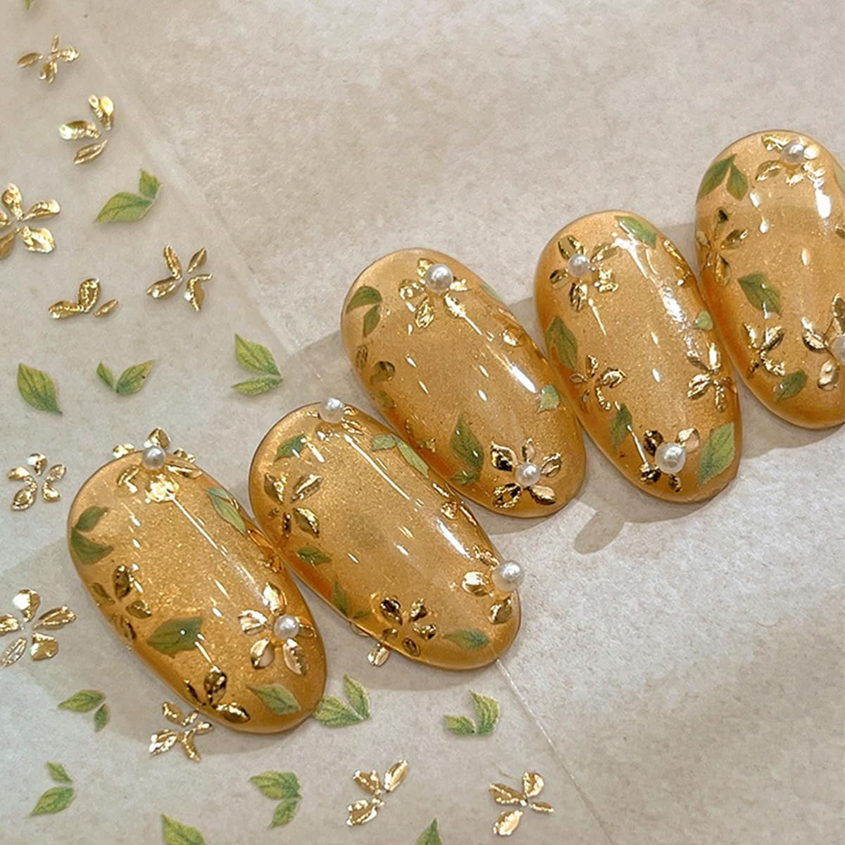 Flower Leaf Nail Art Stickers 5D Embossed Flower Leaf Nail Decals Bronzing Gold