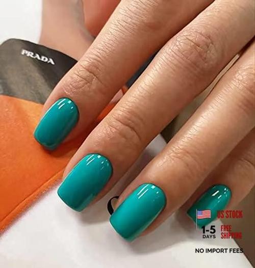 Square Press on Nails – Short Fake Nails – Cyan False Nails with Solid Color C06