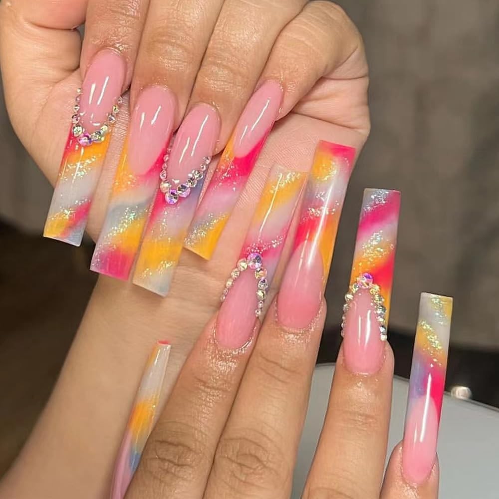 French Tip Press on Nails Long Square Ballet Fake Nails Orange on Nails with …