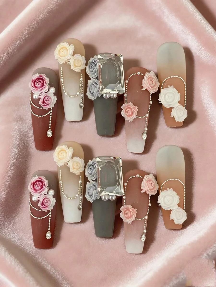 3D Flower Nail Charms Acrylic Petal Rhinestone Nail Art Decorations